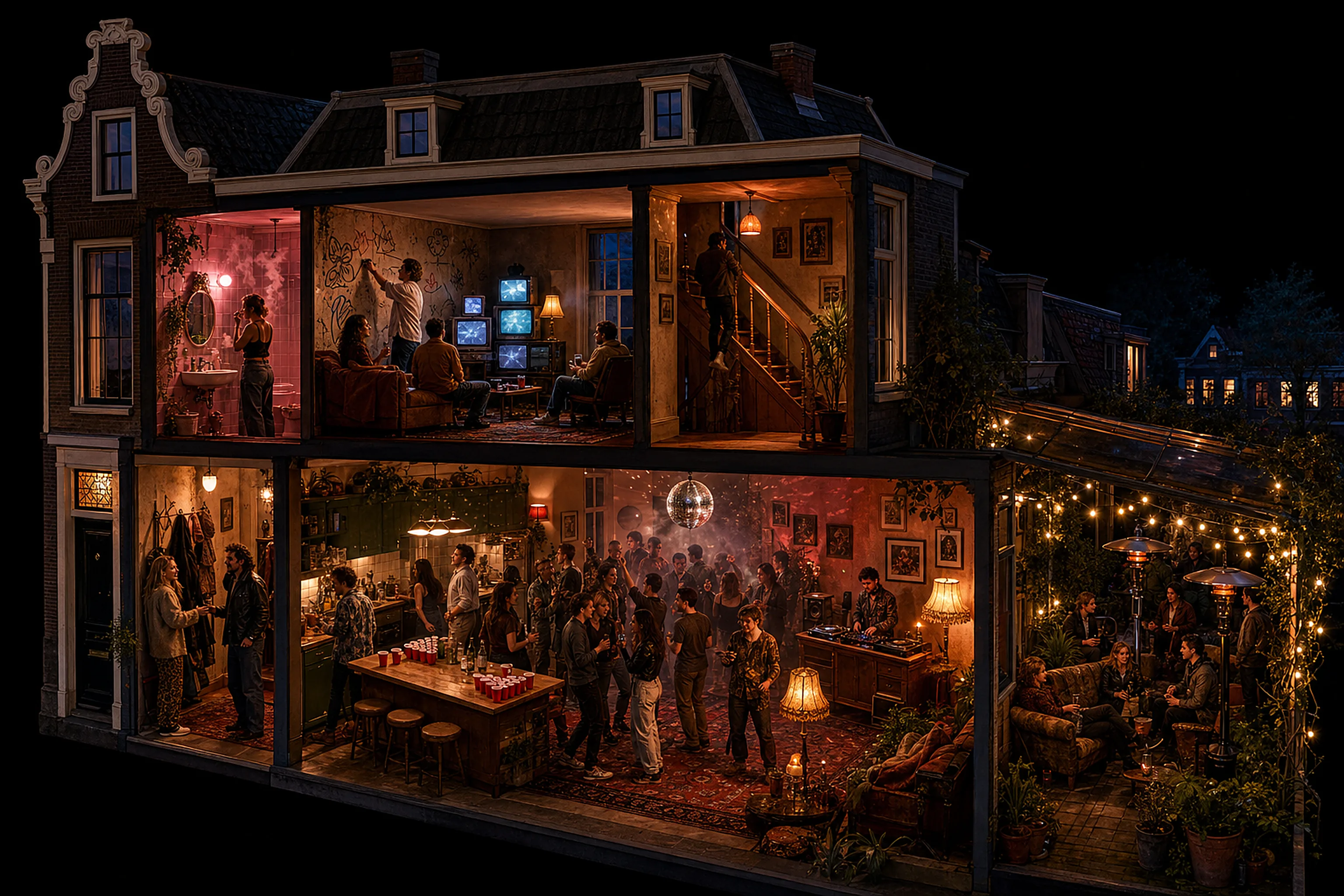 A cutaway of the house at night: hallway, kitchen, living room, bathroom, den and garden, all full of people.